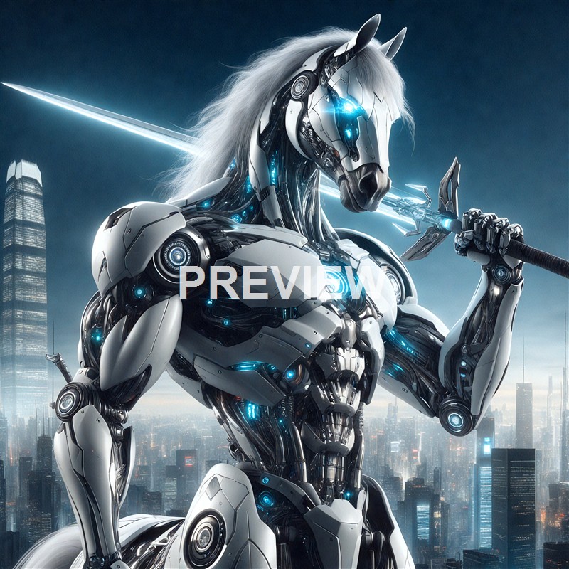 A highly detailed and futuristic humanoid robot with a sleek, armored design, glowing blue accents, and a white horse head helmet, standing against a cityscape with tall skyscrapers and a dark sky.
